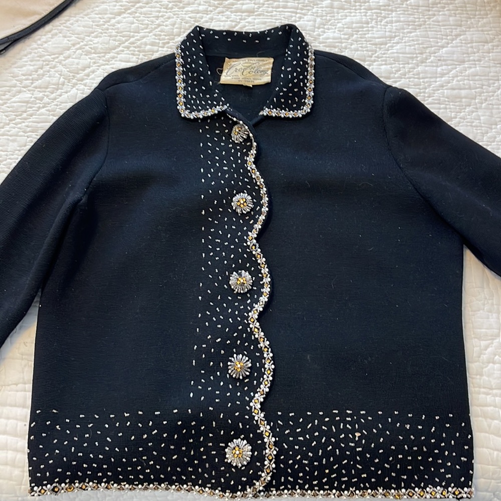 Vintage black wool, beaded with pearls, Crown Colony Hong Kong sweater/jacket - Picture 2 of 8